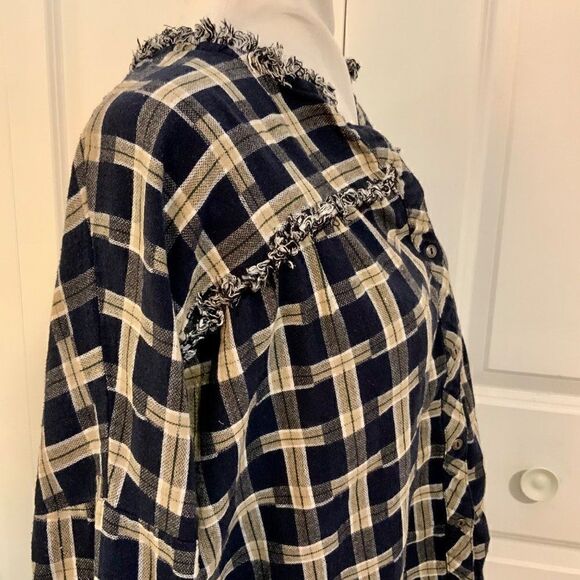 Sweewe Paris Blue Plaid Embroidered Sleeve Fringe Cropped Sleeve Cotton Top Sm - Picture 11 of 11